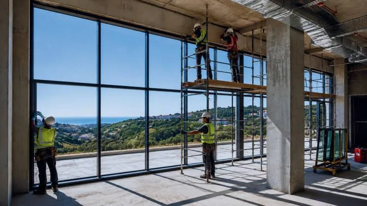 Installers fitting full-height glazing on site with a view to the sea