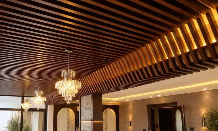 Interior with a timber slat ceiling, joinery and chandeliers